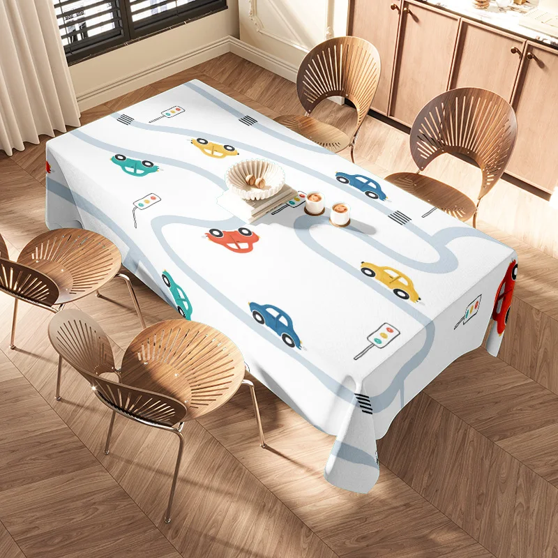 Kid's Tablecloth Blue Race Track Design with Cars Waterproof and Non-Slip Fabric Perfect for Kids’ Dining Tables