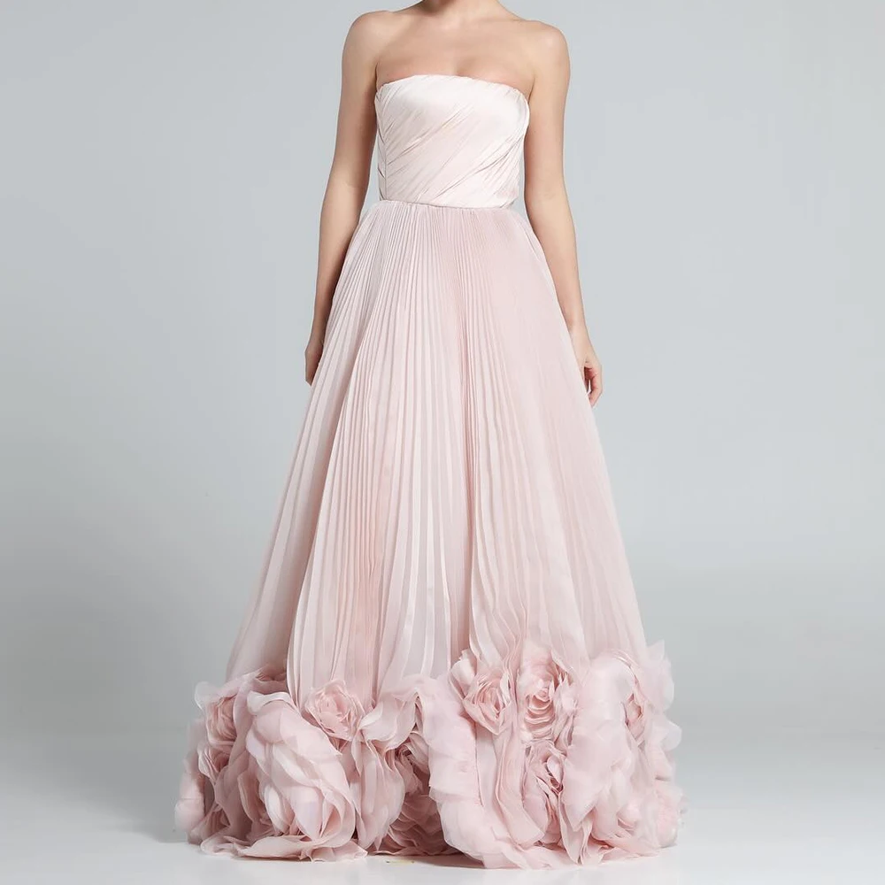 

Customized Sexy Organza A-Line 3D Flowers Evening Dress High Quality Floor Length Strapless Sleeveless vestidos de fie