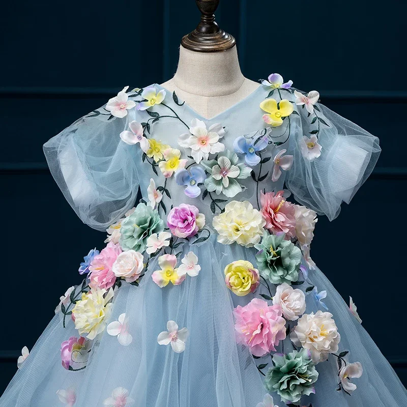 

Платье феи с цветочным узором для девочек, бальное платье с v-образным вырезом и короткими рукавами, с цветочной аппликацией, платье для дня рождения, банкета, платье принцессы для девочек