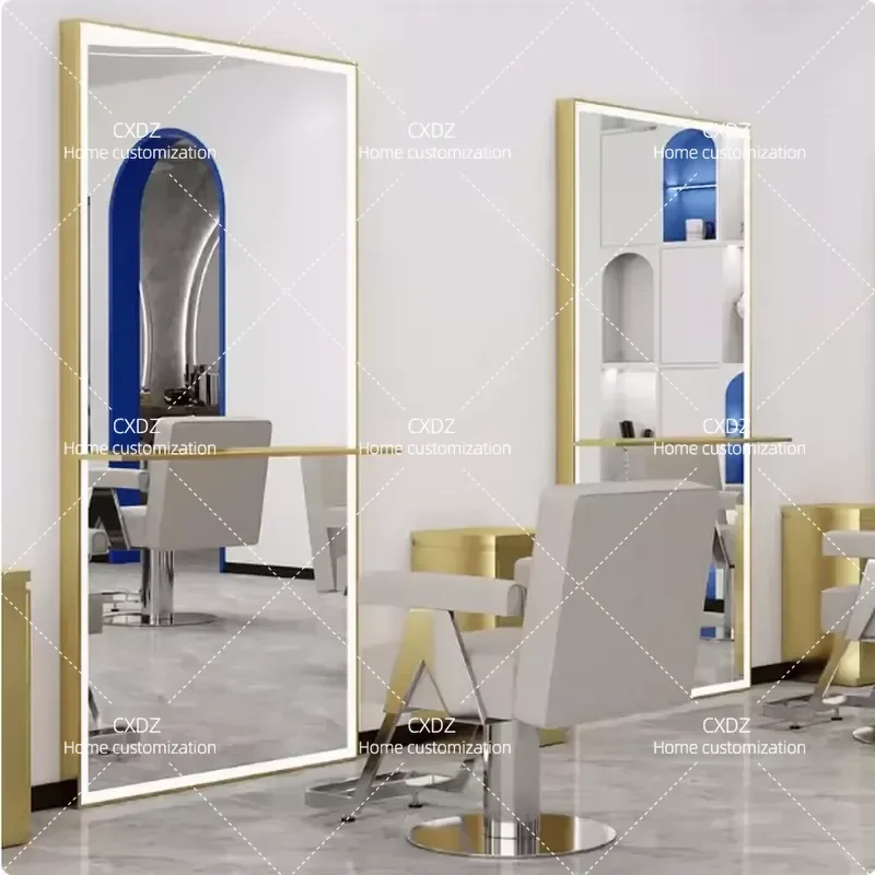 Floor to Ceiling Barber Shop Mirror with Countertop Stainless Steel Single and Double Sided Hair Salon Mirror for Perm and
