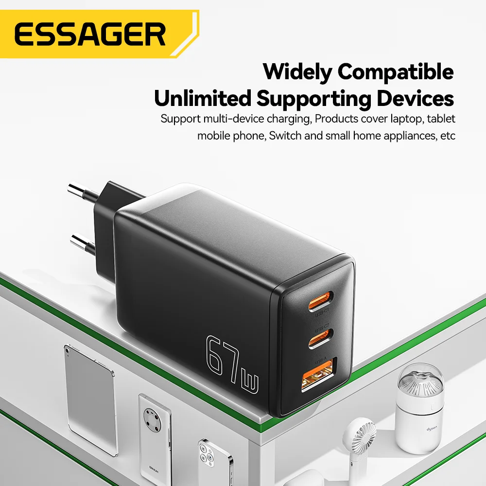 Essager 65W GaN USB C 충전기 PD QC 4.0 3.0 C타입 급속 충전, 삼성 아이폰 1514 13 프로 폰 맥북 노트북 고속 충전기