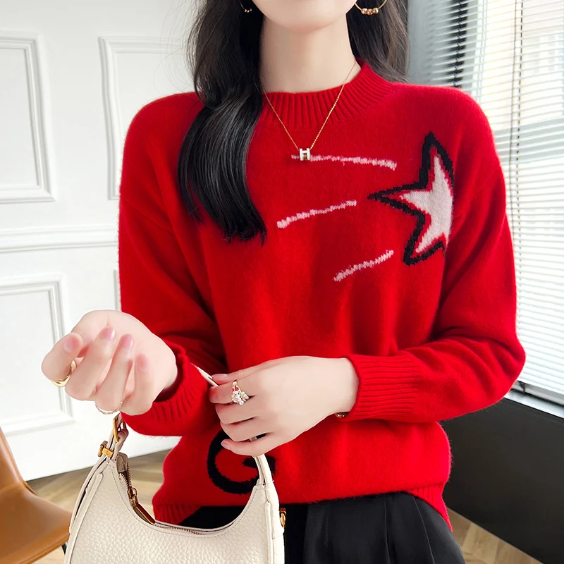 Cashmere Sweater Women\'s 2024 Autumn/Winter New Knit Round Neck Pullover 100% Wool Loose Korean Fashion Luxury Female Clothing