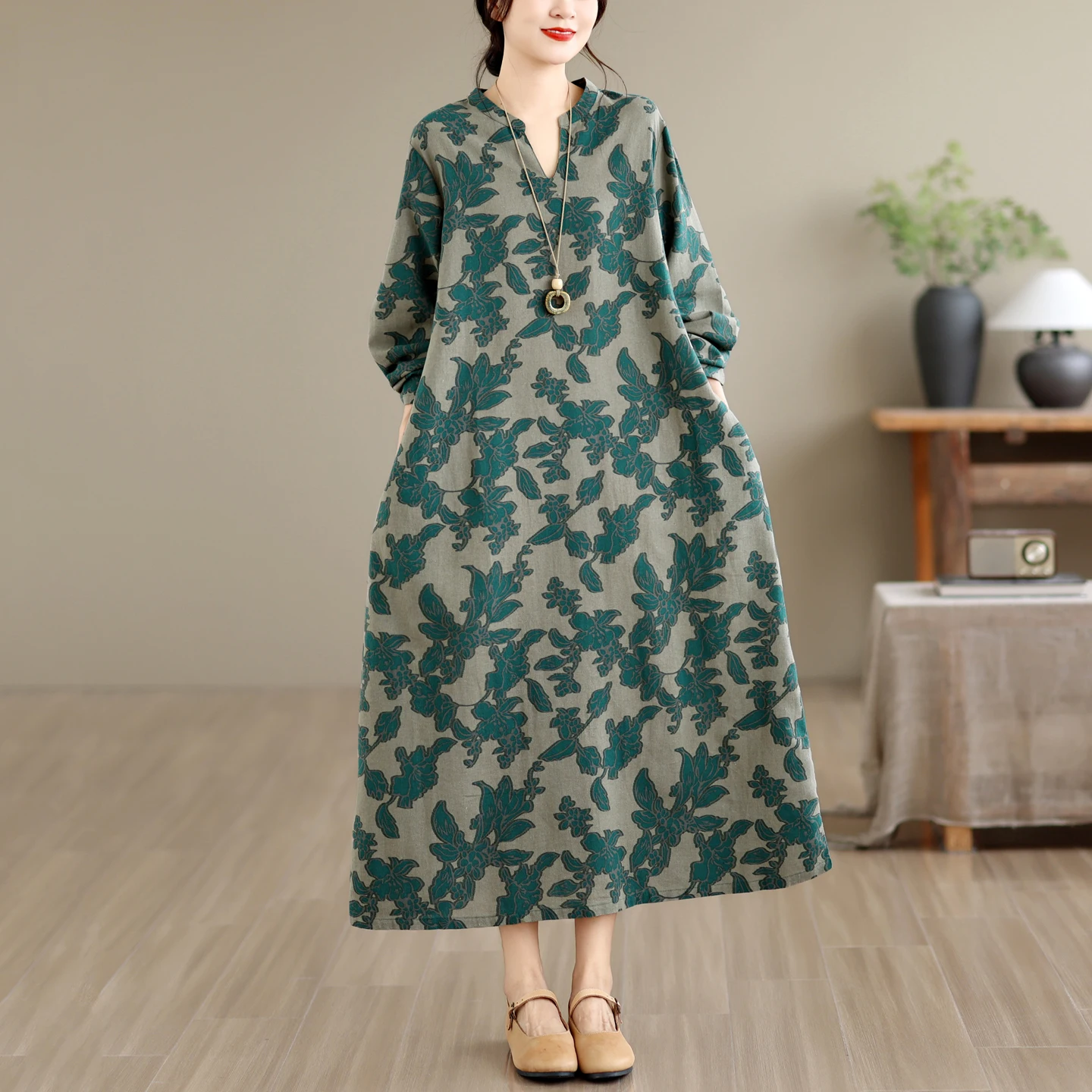 plus Size Vintage Printed Long Sleeve Loose Fitting Concealing Meat Large Size Dress Long Dress Artistic Style City Walk Cotton 3