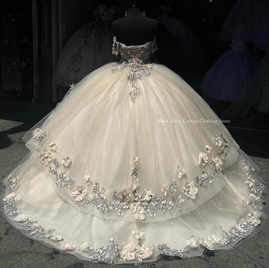 Sparkling Princess Quinceanera Dress 2024 Ivory Tulle Crystal Beaded Mexican Sweetheart A-line Dress Xv years dresses