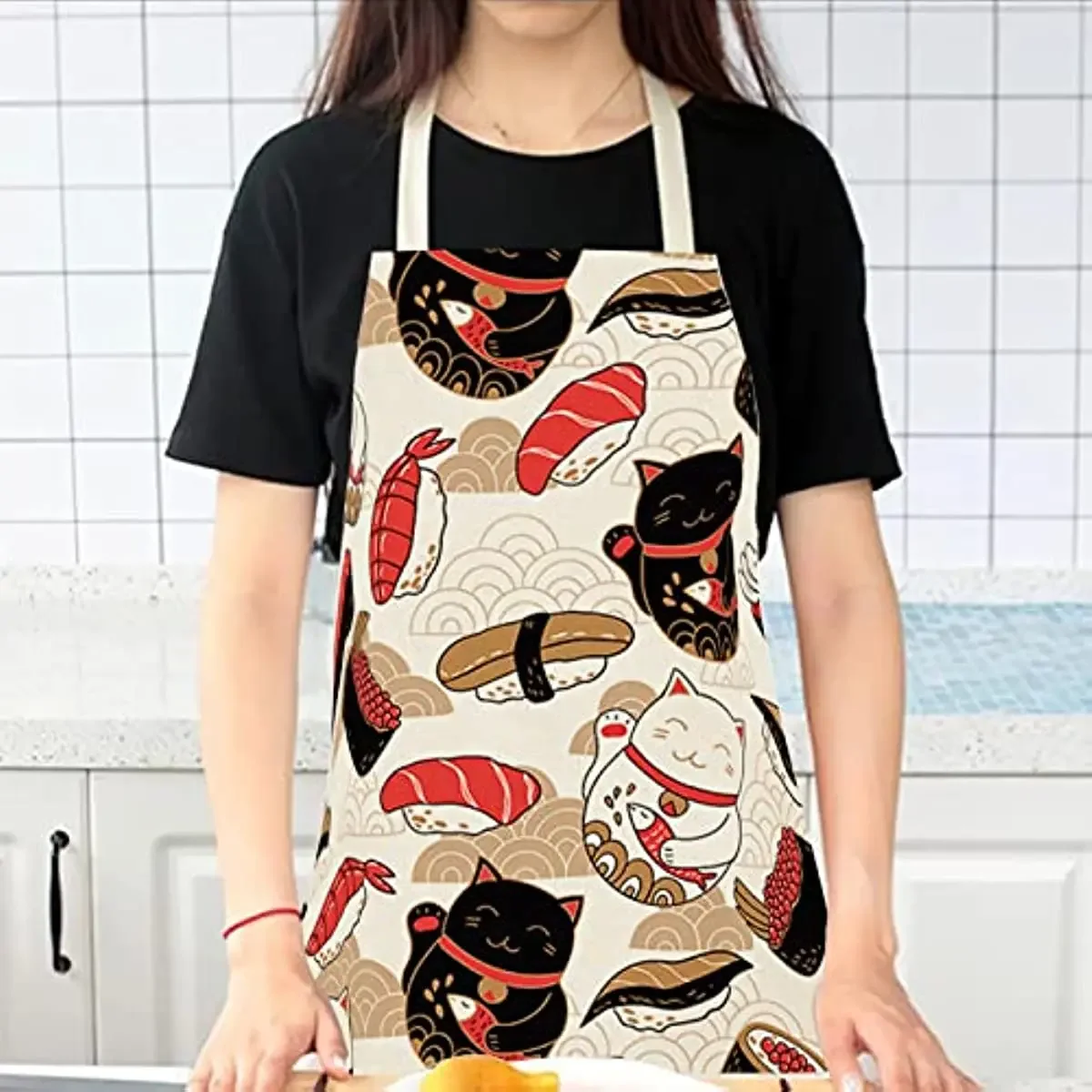 Japanese Lucky Cat Sushi Print Apron Cute Cooking Apron Women Men Chef Fun Apron Kids Painting Apron Party Stain Resistant Apron