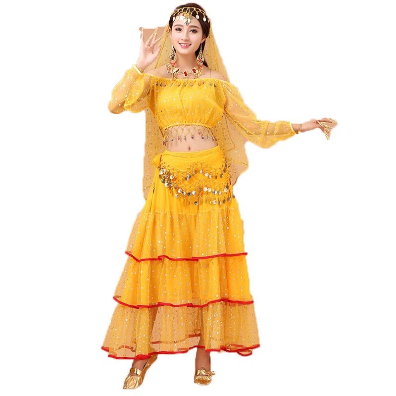 

New Sparkling Adult Indian Dance Performance Clothes Set Women BellyDance Costumes Set Bollywood Egypt Stage Chiffon Sequin Suit
