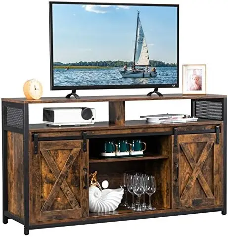 

Farmhouse TV Stand with Sliding Barn Doors for 65+ Inch TV Flat Screen, Rustic Entertainment Center Media Console Table Cabinet