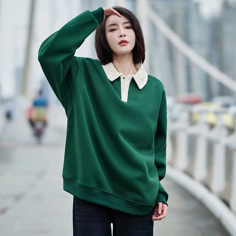 Lady New Spring And Autumn Women\'S Fashion Versatile Long Sleeve T-Shirt Loose Versatile Casual Lapel Collar Pullover Top Female