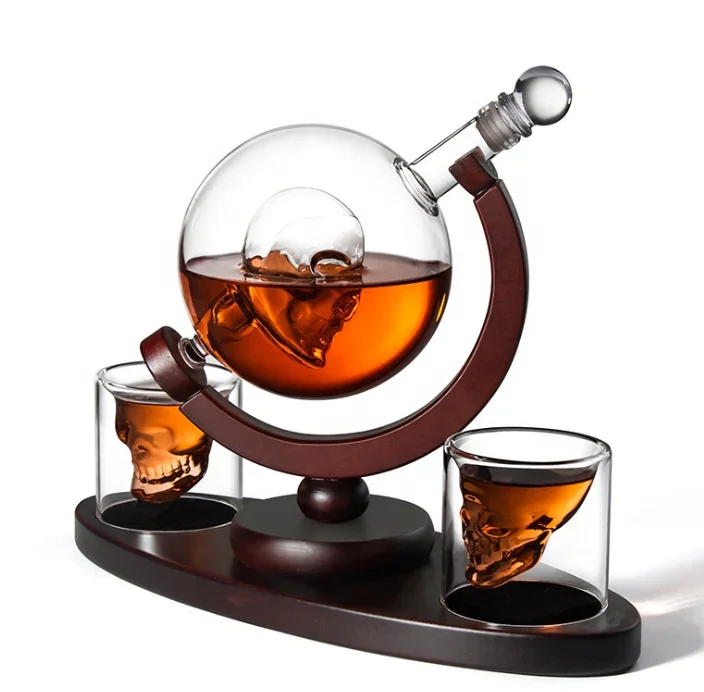 

800ML globe shaped Glass Whiskey Decanter set shape skeleton inside and wood base