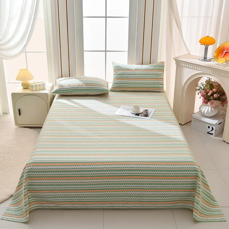 Raw cotton old coarse cloth mat bed sheet three-piece set thickened striped printing household breathable mat soft mat