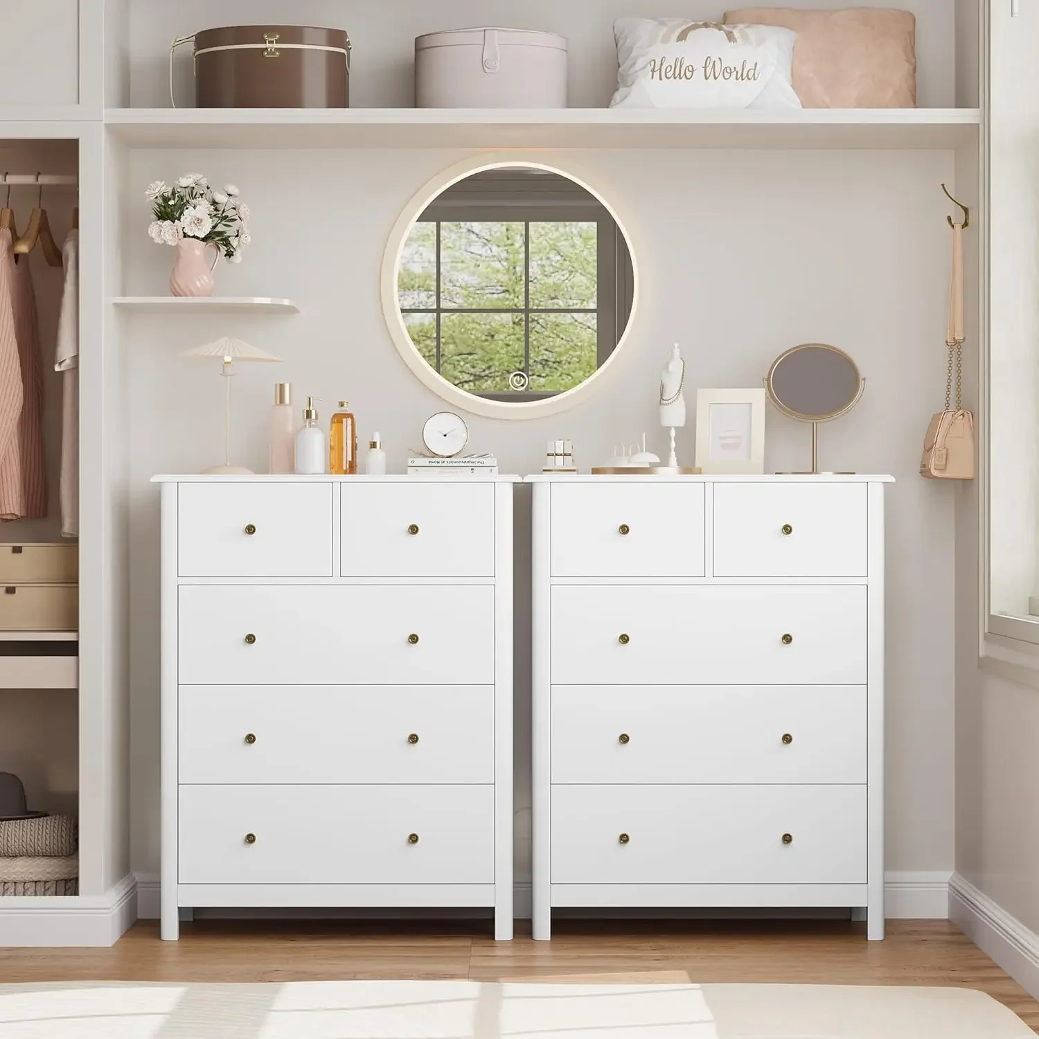 White Dresser with 5 Drawers, Tall Dresser Chest of Drawers, 5 Drawer Dresser with Deep Space, Wood Storage