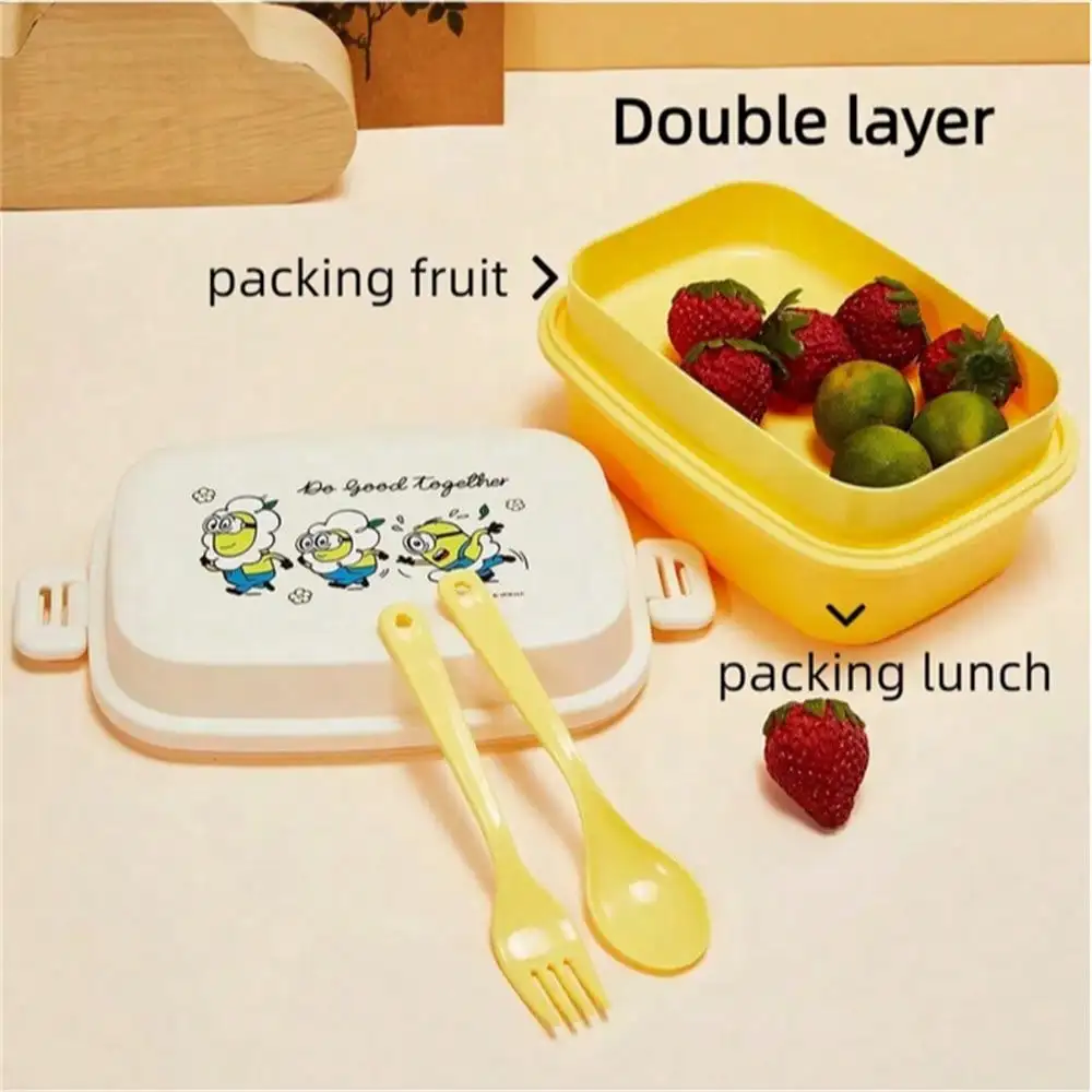 صندوق بينتو مينيسو ديزي مينيونز مزدوج الطبقات 980 مل - خالي من مادة BPA مانع للتسرب |   تتضمن أواني PP حاوية طعام للأطفال والكبار