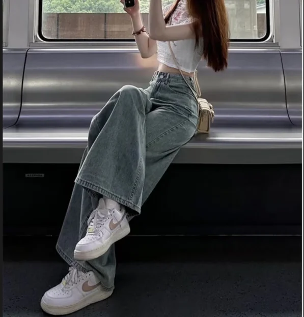 Vaqueros Y2K 2025, estilo americano, vaqueros de pierna ancha lavados de cintura alta a la moda para mujer, Vaqueros holgados azules de mezclilla Retro populares coreanos