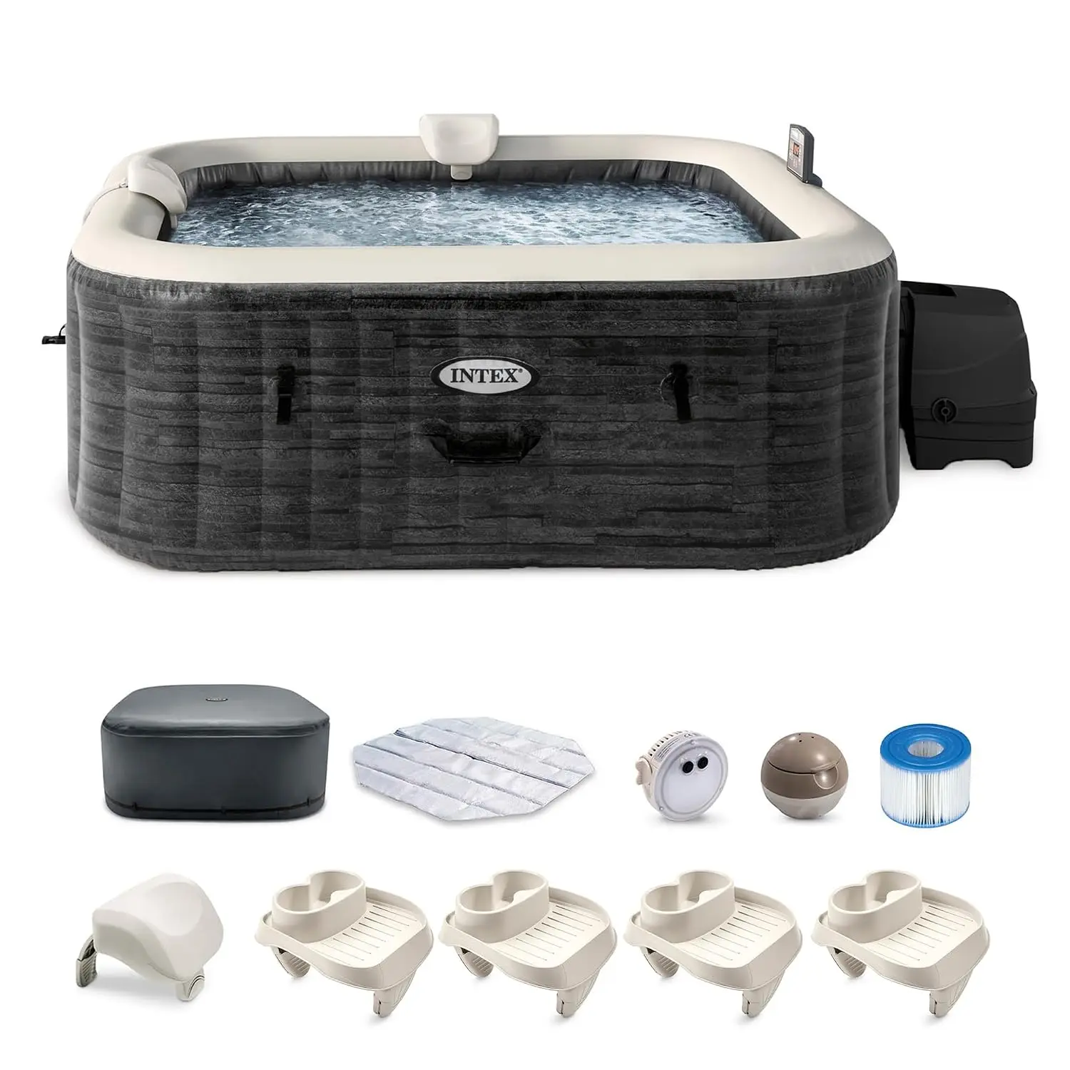 PureSpa 6 Person Inflatable Hot Tub Bundle w/Energy-Efficient Cover, Customi