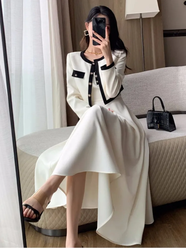 Elegant Solid Midi Dress 2 Piece Set Office Lady Chic Suit Spring Short Jacket Sleveless A-line Dresses Outfits Korean Clothes