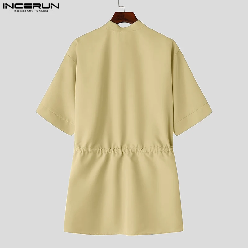 INCERUN Men Irregular Shirt Solid Color Stand Collar Half Sleeve Casual Men Clothing Streetwear 2024 Summer Korean Style Shirts