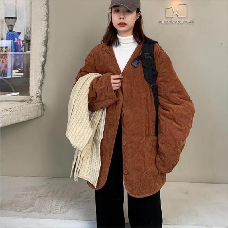 Women's Cotton Coat Parka Loose Corduroy Coat Winter Jackets V-neck  Collar Cotton Padded Keep Warm Outerwear Female