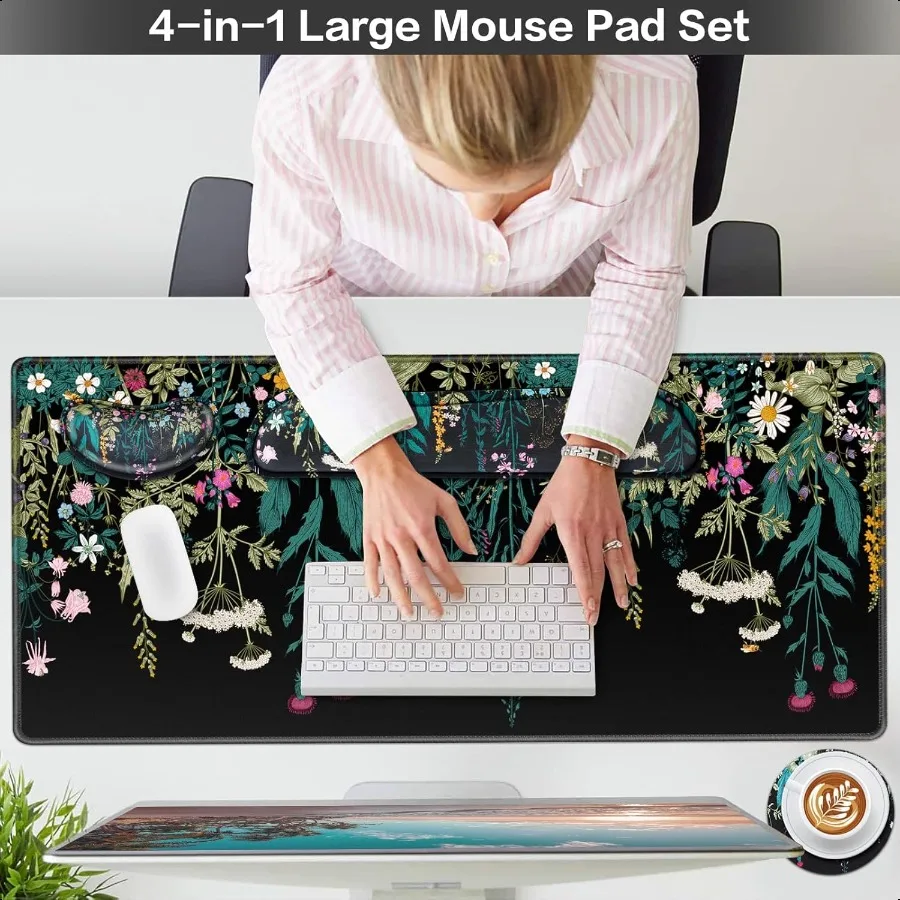 Desk Mat Large Gaming Mouse Pad with Wrist Rest 4in1 XXL Mousepad+Keyboard Wrist Rest+Mouse Pad Wrist Support+Cup Coaster Set E