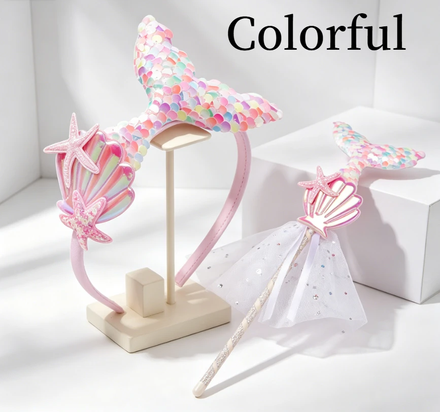 Mermaid Shell Starfish Kid Headband Wand 2Pcs Set Iridescent Sequin Exquisite Fairy Princess Hair Accessory For Stage Photo Prop