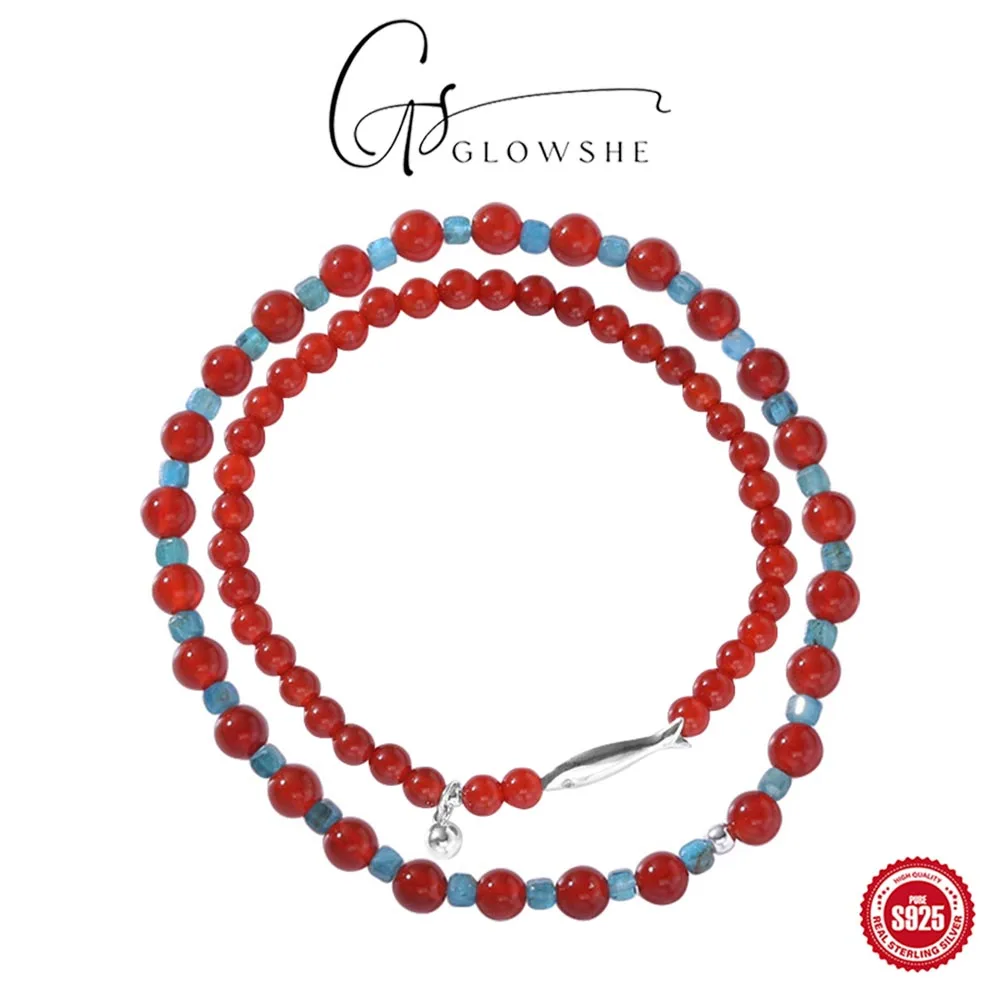 

Glowshe 925 Sterling Silver Fish Red Agate Apatite Beaded Bracelet Party Designer Jewelry Chinese Style Elegant Jewelry Gift