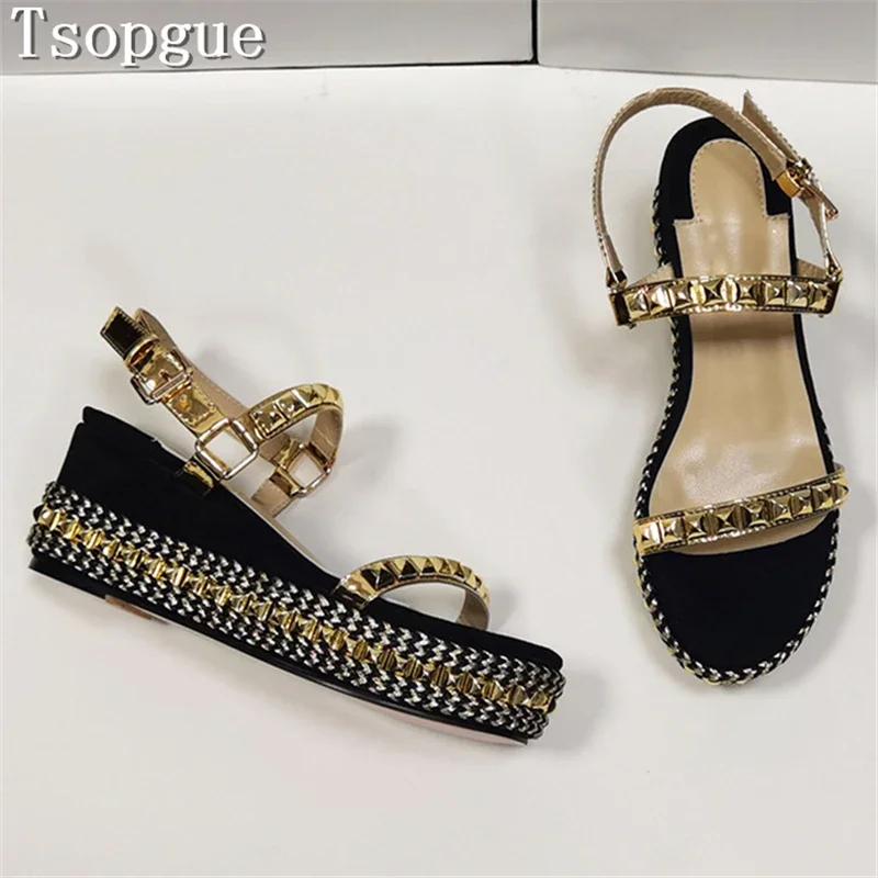 

Women New Thick Soled Wedge Sandals Black Gold Spiked Summer Shoes Open Toe Gladiator Platform Rivets Runway Shoes