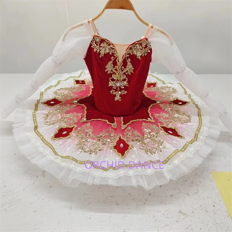 

Professional Cheap Long Sleeve Custom Size 7 Layers Kids Girls Women Adult Performance Wear Velvet Gold Red Ballet Tutu Costumes