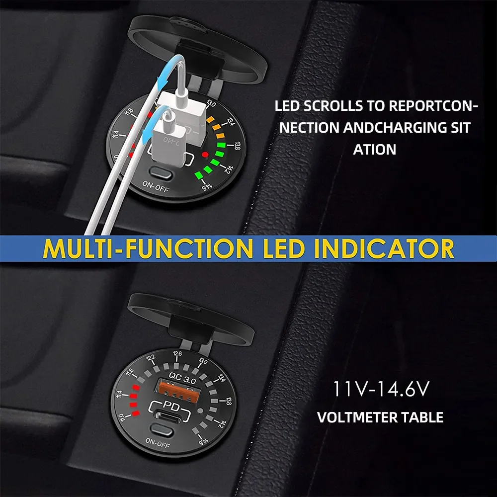 18W USB PD Car Charger Car Modification Accessories Waterproof Socket with LED Voltmeter Switch for Cars Motorcycles Boats