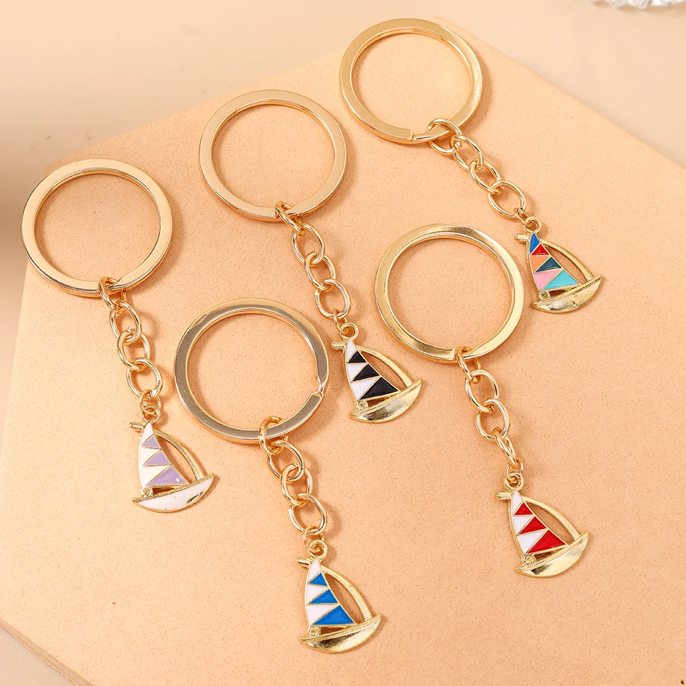 Aihua Cute Enamel Summer Beach Sailing Boat Keychain Women Girls Key Ring Pendants for Handbag Decor DIY Handmade Key Chain Gift