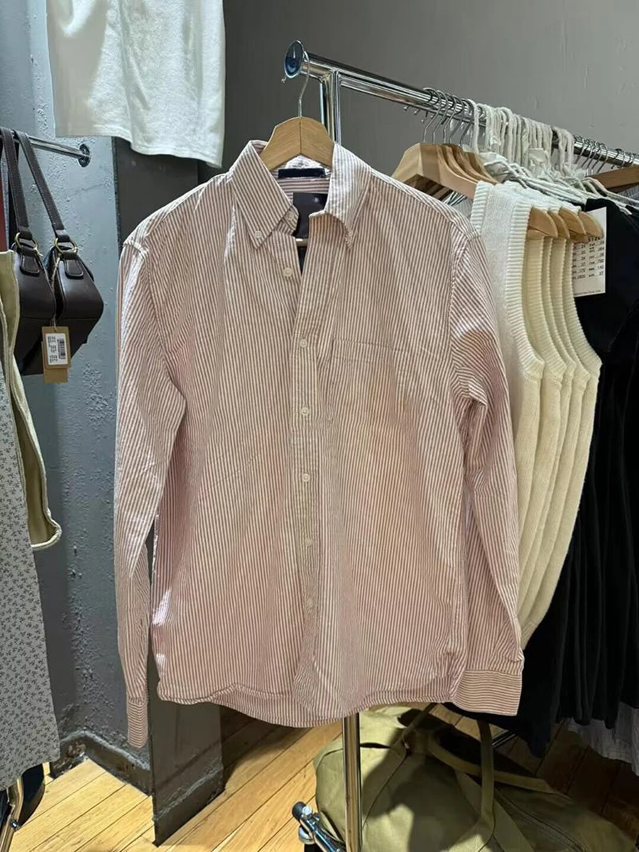 

Pink Striped Cotton Loose Blouse Women Autumn Turndown Collar Single Breasted Long Sleeve Shirt Preppy Style Sweet Casual Blouse