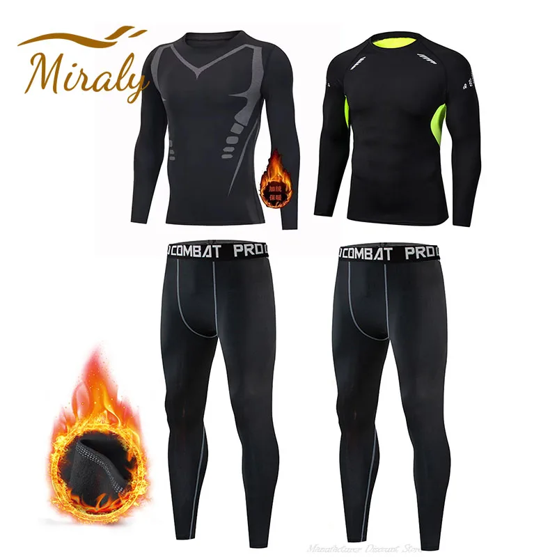 Hot Men Fleece Thermal Underwear Set Winter Warm Undershirts Long Johns Elastic Compression Tights Fitness Sprots Tracksuit Set