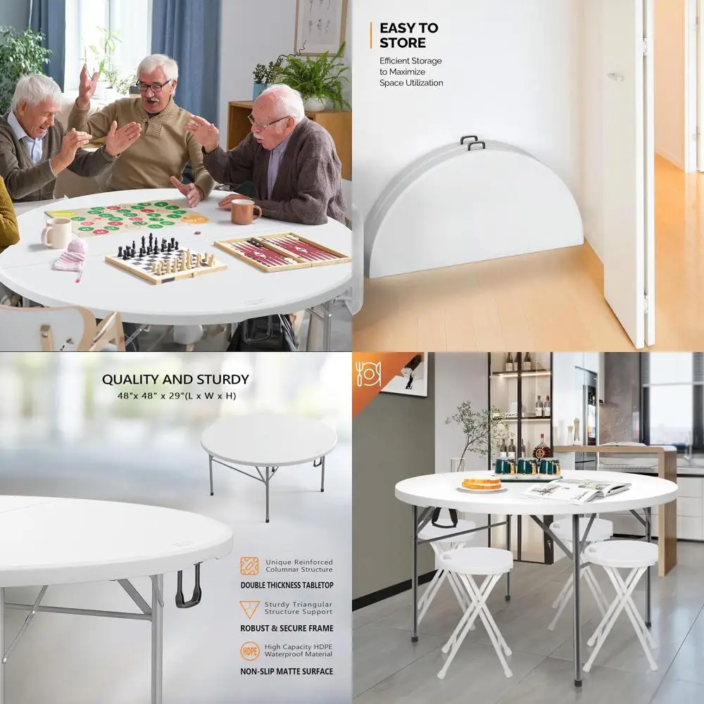 

48 Round Folding Commercial Plastic Table, Portable Dining for Kitchen, Outdoor Parties, Weddings, 1-Pack