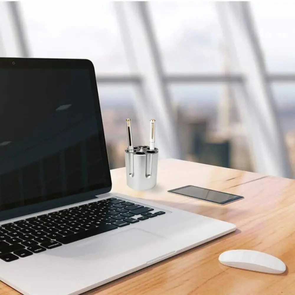 

With 6 Slots Cylinder Revolver Pen Holder Creative Aluminum Pencil Container Organizer Non-Slip Desktop Ornament Gift