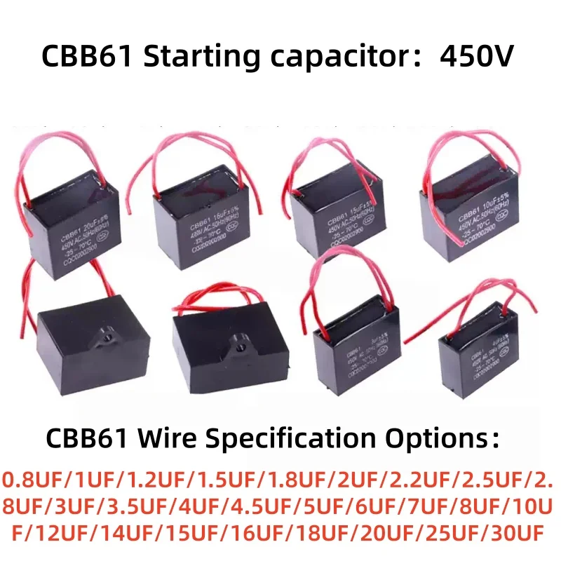 CBB61 Fan starting capacitor 450V 0.8/1/1.2/1.5/2/2.5/3/3.5/4/4.5/5/6/7/8/10/12/14/15/16/18/20/25UF For Range hood For 400V 500V