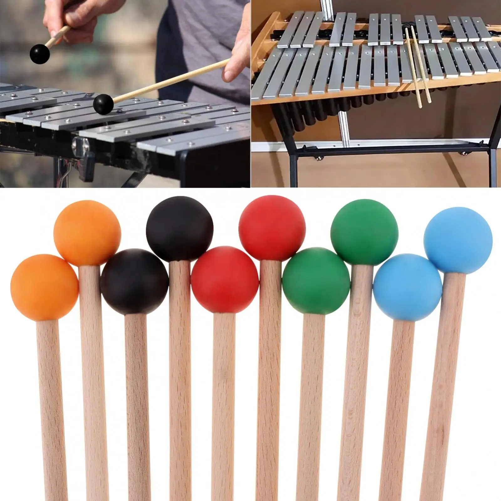 1 Pair Long Wood Handle Rubber Head Glockenspiel Xylophone Mallet, 41.5cm / 16.33 Inch Percussion Sticks