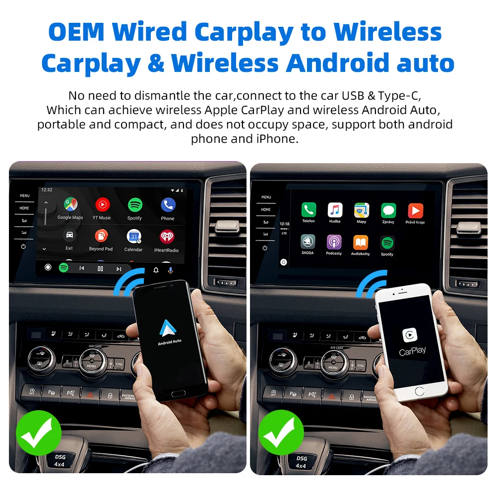 EKIY 2 in1 Apple Car Play Wireless Adapter CarPlay Mini Box Android Auto Dongle for Benz Audi Mazda Kia Toyota VW OEM Car Radio