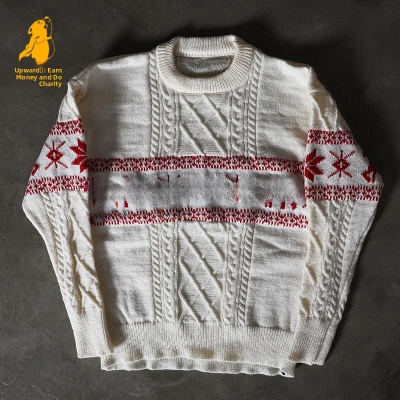 Red Christmas Charity Knitted Sweater American Style Loose Fit Unisex Spring Autumn Upward Hero Thickened Long Sleeve Crew Neck