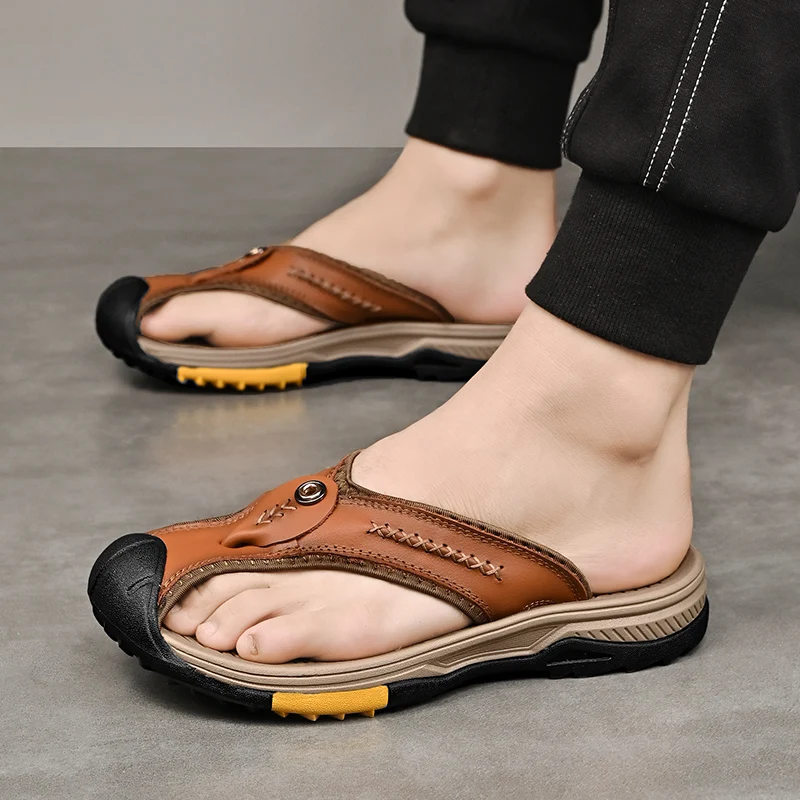 

Classic Grain Cow Leather Slides Comfortable Non Slip Breathable Lightweight Casual Home Daily Wear Premium Leather Slippers