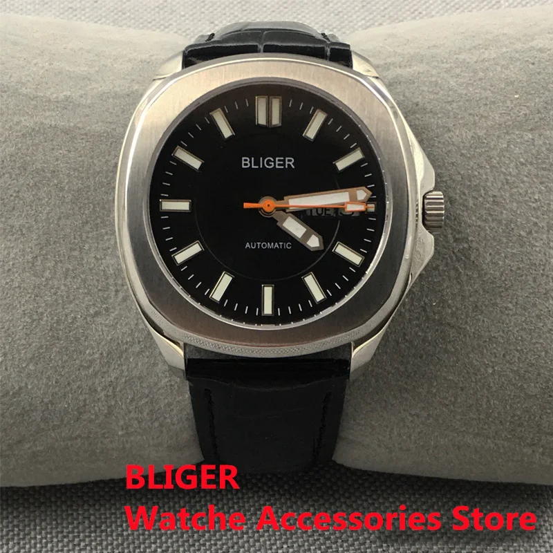 Bliger 40mm Silver Leather Strap Green Luminous Dial Sapphire Glass Back NH36A Automatic Movement Men\'s Wristwatch