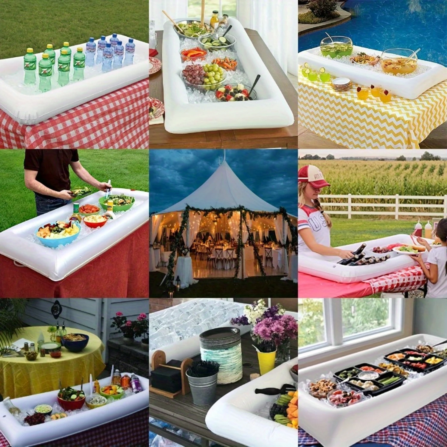 2pcs Inflatable Ice Buffet Salad Serving Trays - Collapsible Food and Drink Holders with Drain Plug, Portable Cooler Containers