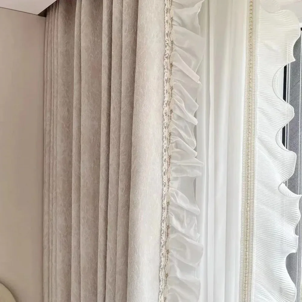 Custom-made thick pink jacquard embossed leaf curtains for floor-to-ceiling Windows in the living room and bedroom