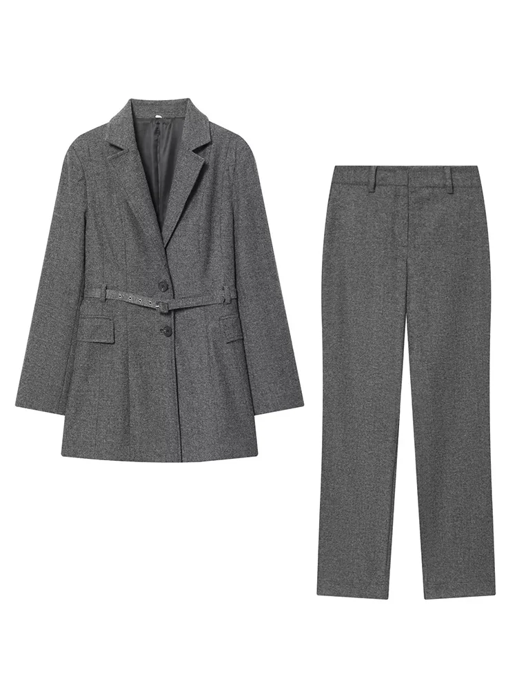 HH Women 2 Piece Set Long Sleeved Lapel Single-breasted Pockets Belt Decorate Loose Blazer Suit+Fashion Casual Zipper Long Pants