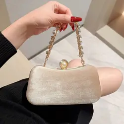 Gold Velvet Evening Bag Fashion French Vintage Pearl Chain Shoulder Bags Banquet Clutch Wedding Party