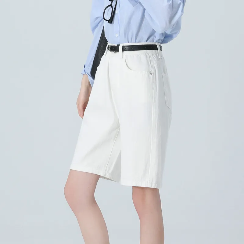 White High Waist Wide Legs Knee Length Jeans Shorts Women Summer Casual Korean Fashion Straight Denim Short Pants Femlae Baggy