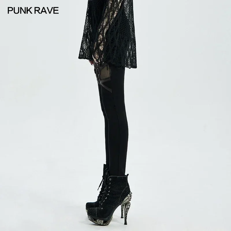 PUNK RAVE Women's Gothic Architecture Black Leggings Fashion Personality Perspective Mesh Elastic Band Trousers Streert Wear