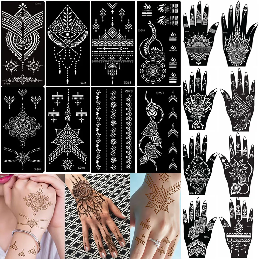 

16 Sheets /Lot Professional Henna Stencil Temporary Hand Tattoo Body Art Sticker Template Wedding Flower Paint Tattoo Stencil