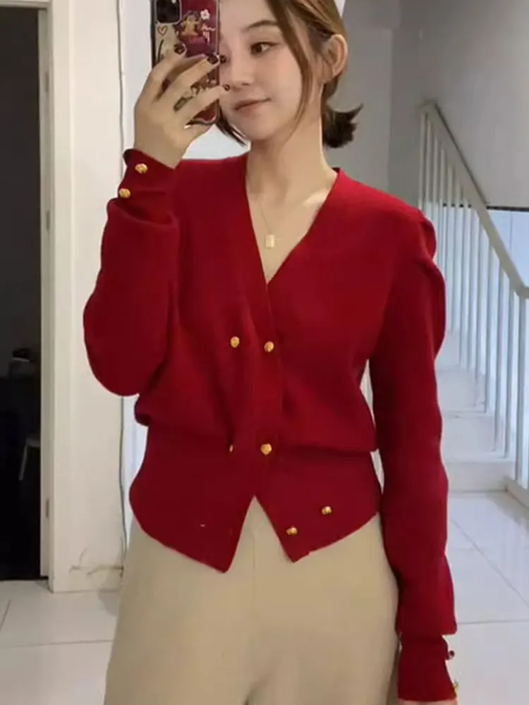 

Chic Cisas Knitwear V-Ne Soft Comfortable White Enhancing Red Outerwear New Year Women's Top Korean Sle Loose Fit Lon...