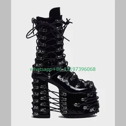 Lady vintage black punk platform calf boots muti lace-up chunky heel boots sexy party dance Gothic style black boots size 35-46