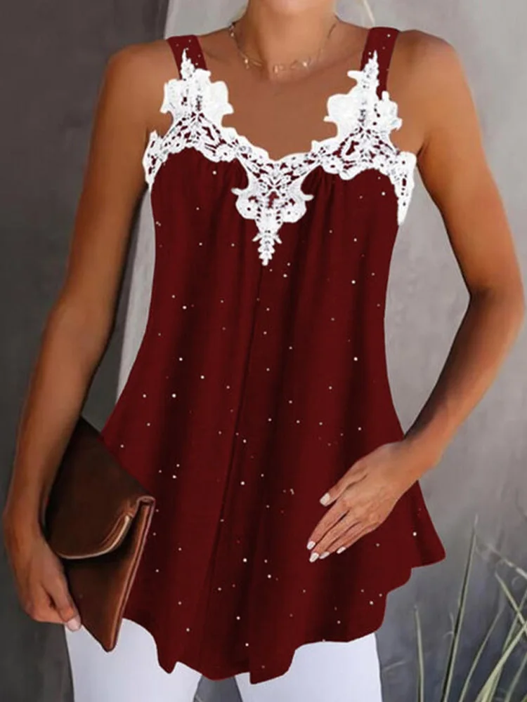 Luxurious Camisole Women V-Neck Sleeveless Lace Patchwork Solid Color Vest Summer Party Tank Tops
