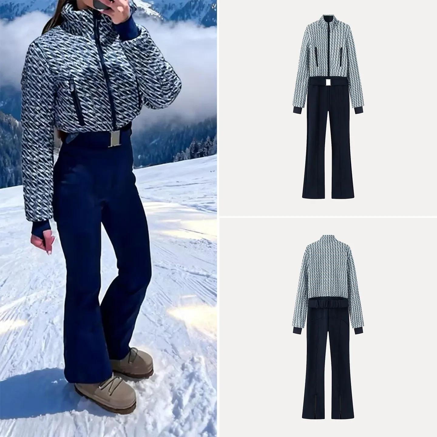 

Faionable Versatile Snowsuit Women's High Waist Straight Leg Commute High Waist Long Pants Stitched Patchwork Belt