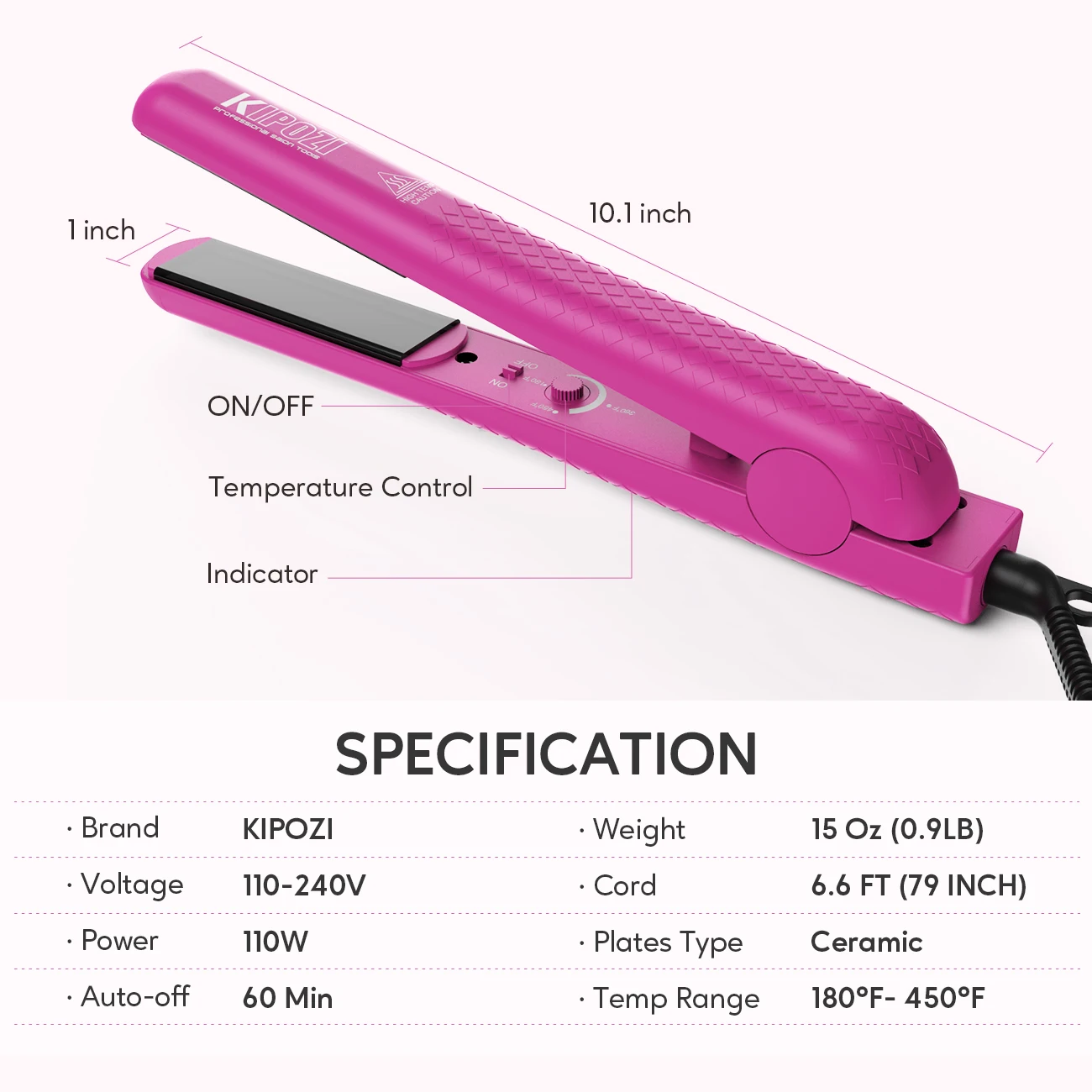 KIPOZI 1 Inch Hair Straightener Ceramic Flat Iron Adjustable Temp Straightens and Curls,180-450℉ Dual Voltage, Hot Pink